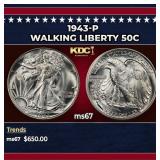 1943-p Walking Liberty Half Dollar 50c ms67 SEGS