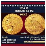 1914-p Gold Indian Quarter Eagle $2 1/2 ms64+ SEGS
