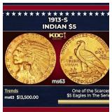 1913-s Gold Indian Half Eagle $5 ms63 USCG