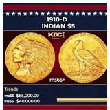 1910-d Gold Indian Half Eagle $5 ms65+ USCG