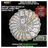 5x 1953 $2 Red Seal United States Note Heavily Cir