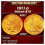 1911-d Gold Indian Eagle $10 ms62+ USCG
