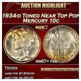 1934-d Mercury Dime Toned Near Top Pop 10c ms67+ f