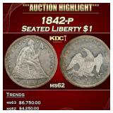 1842-p Seated Liberty Dollar $1 ms62 USCG