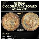 1886-p Morgan Dollar Colorfully Toned $1 ms66+ SEG