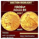 1909-p Gold Indian Half Eagle $5 ms65 USCG