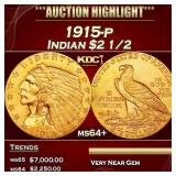 1915-p Gold Indian Quarter Eagle $2 1/2 ms64+ SEGS