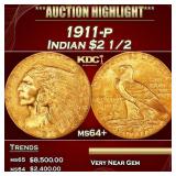 1911-p Gold Indian Quarter Eagle $2 1/2 ms64+ SEGS