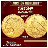 1913-p Gold Indian Half Eagle $5 ms64 USCG