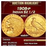 1908-p Gold Indian Quarter Eagle $2 1/2 ms64+ SEGS