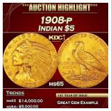 1908-p Gold Indian Half Eagle $5 ms65 USCG