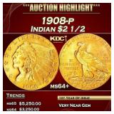 1908-p Gold Indian Quarter Eagle $2 1/2 ms64+ SEGS
