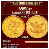 1851-p Gold Liberty Quarter Eagle $2 1/2 ms64+ SEG