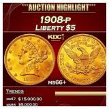 1908-p Gold Liberty Half Eagle $5 ms66+ SEGS