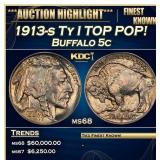 1913-s Ty I Buffalo Nickel TOP POP! 5c ms68 SEGS