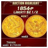 1854-p Gold Liberty Quarter Eagle $2 1/2 ms63 USCG