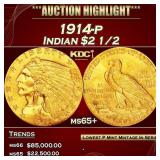 1914-p Gold Indian Quarter Eagle $2 1/2 ms65+ SEGS