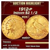 1912-p Gold Indian Quarter Eagle $2 1/2 ms64+ SEGS