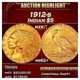1912-s Gold Indian Half Eagle $5 ms62+ USCG