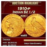 1910-p Gold Indian Quarter Eagle $2 1/2 ms65 SEGS