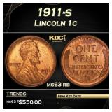 1911-s Lincoln Cent 1c Grades ms63 rb