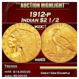 1912-p Gold Indian Quarter Eagle $2 1/2 ms65 SEGS