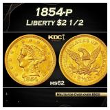1854-p Gold Liberty Quarter Eagle $2 1/2 ms62 USCG