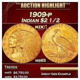 1909-p Gold Indian Quarter Eagle $2 1/2 ms65 SEGS