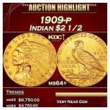 1909-p Gold Indian Quarter Eagle $2 1/2 ms64+ SEGS