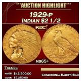 1929-p Gold Indian Quarter Eagle $2 1/2 ms65+ SEGS
