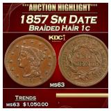 1857 Sm Date Braided Hair Large Cent 1c ms63 USCG