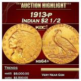 1913-p Gold Indian Quarter Eagle $2 1/2 ms64+ SEGS