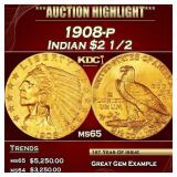 1908-p Gold Indian Quarter Eagle $2 1/2 ms65 SEGS