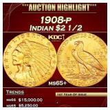 1908-p Gold Indian Quarter Eagle $2 1/2 ms65+ SEGS