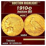1910-d Gold Indian Half Eagle $5 ms64 USCG