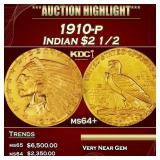 1910-p Gold Indian Quarter Eagle $2 1/2 ms64+ SEGS