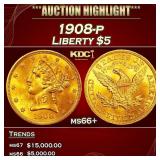 1908-p Gold Liberty Half Eagle $5 ms66+ SEGS