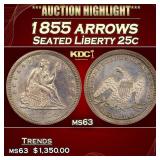 1855 arrows Seated Liberty Quarter 25c ms63 USCG