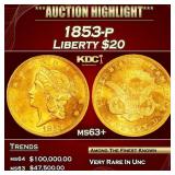 1853-p Gold Liberty Double Eagle $20 ms63+ SEGS