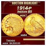 1914-p Gold Indian Half Eagle $5 ms64 USCG
