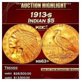 1913-s Gold Indian Half Eagle $5 ms63+ USCG