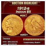 1912-s Gold Indian Half Eagle $5 ms63+ USCG