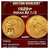1929-p Gold Indian Quarter Eagle $2 1/2 ms65+ SEGS