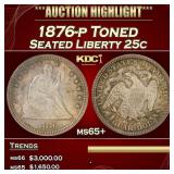 1876-p Seated Liberty Quarter Toned 25c ms65+ SEGS