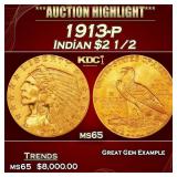 1913-p Gold Indian Quarter Eagle $2 1/2 ms65 SEGS