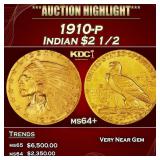 1910-p Gold Indian Quarter Eagle $2 1/2 ms64+ SEGS