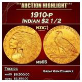 1910-p Gold Indian Quarter Eagle $2 1/2 ms65 SEGS