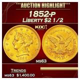 1852-p Gold Liberty Quarter Eagle $2 1/2 ms63 USCG