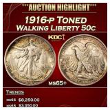 1916-p Walking Liberty Half Dollar Toned 50c ms65+
