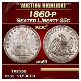 1860-p Seated Liberty Quarter 25c ms63 USCG